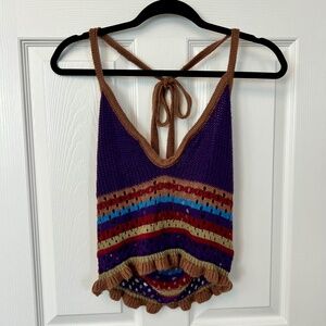 Boho Crochet Halter Crop Top Multicolor Knit Ruffle Hem Festival Hippie Size S